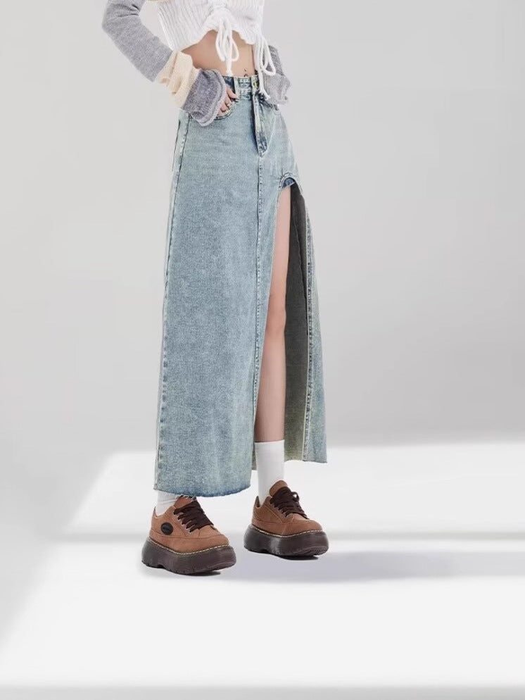 Plus-Size High-Waisted Side-Slit Denim Midi Skirt for Women