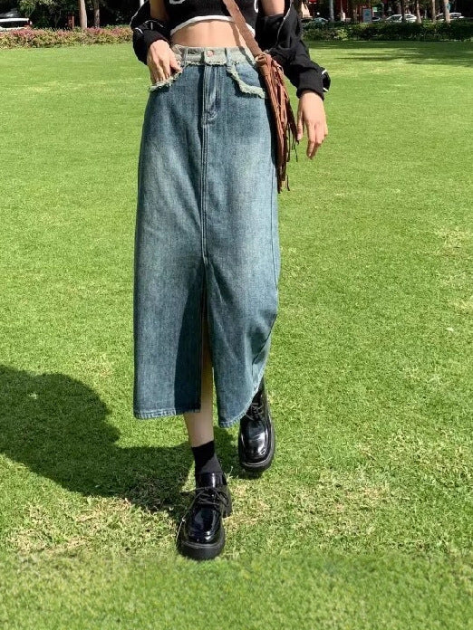 Retro blue high-waisted color-block denim midi skirt with side slits for women