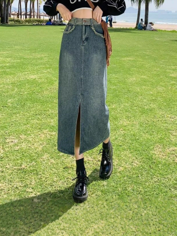 High-Waisted Color-Block Denim Midi Skirt with Side Slits for