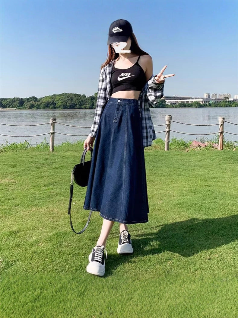 Plus Size High-Waisted Elastic Waist A-Line Denim Midi Skirt for