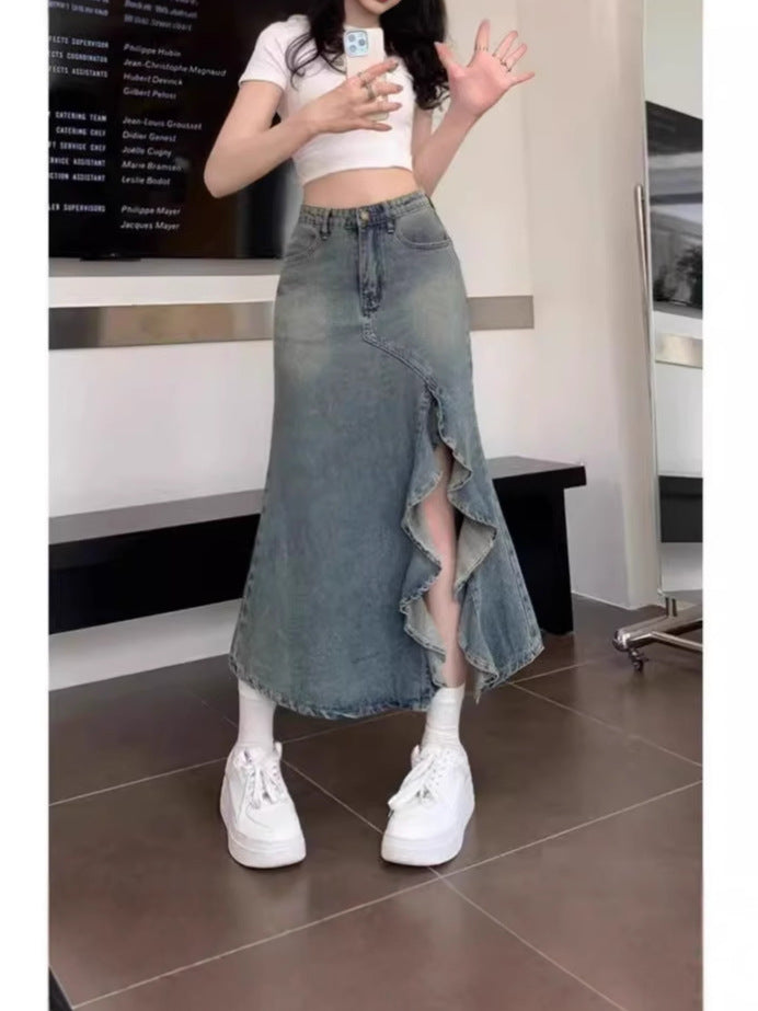 Vintage blue high-waisted retro wave denim midi skirt for women