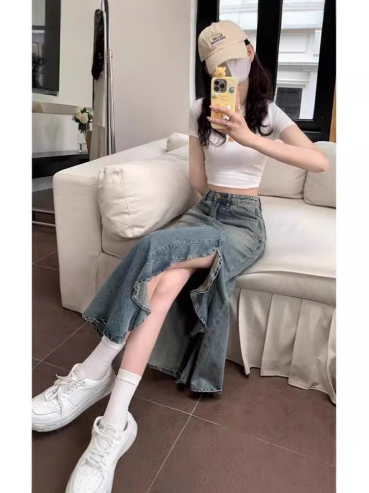 High-Waisted Retro Wave Denim Midi Skirt for Women