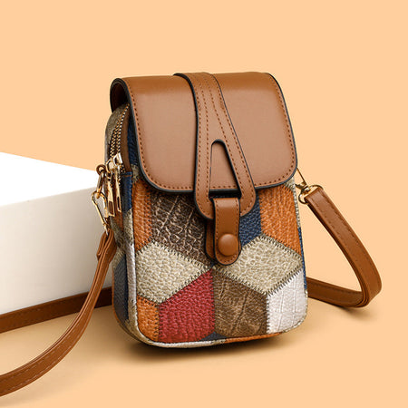 Irregular blue brown multi-compartment soft leather phone crossbody bag for women