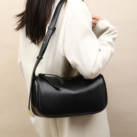 Midnight black retro soft leather boston armpit bag for women