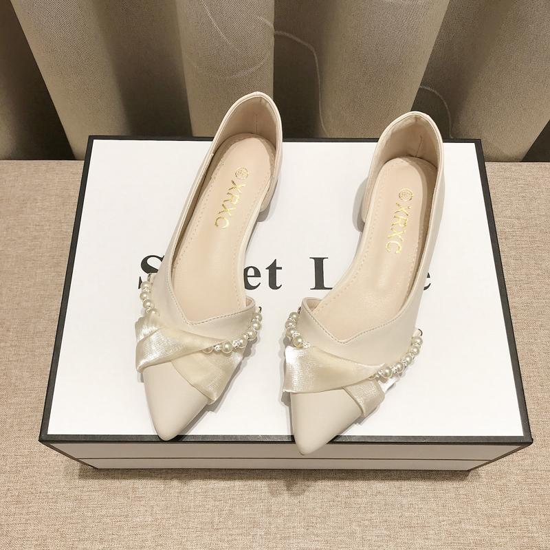 Black chanel-inspired pointed toe pearl slip-on shoes