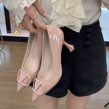 Black nude patent leather stiletto pointed toe heels