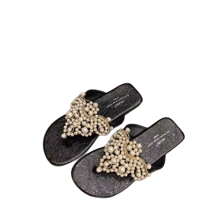Black bohemian pearl flip flops women summer beach sandals