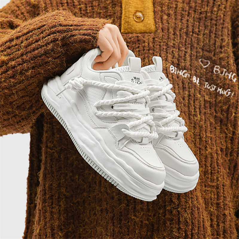 Couple Low-Top White Sneakers – Thick Sole Casual Lace-Up Shoes