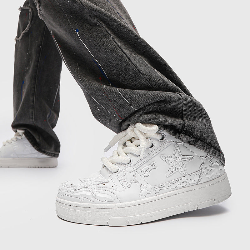 Couple White Low-Top Sneakers – Thick Sole Chinese Style Shoes