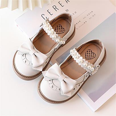 Girls Bow Pearl Leather Princess Shoes Elegant Dress Flats