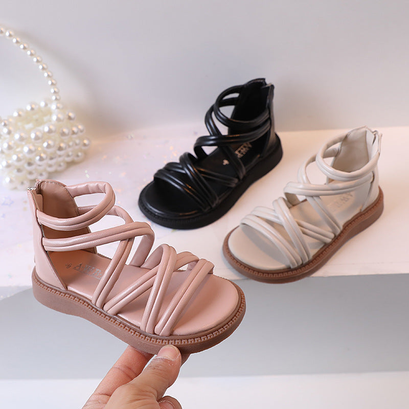 Girls Retro Roman Sandals Mid-Calf Summer Princess Shoes