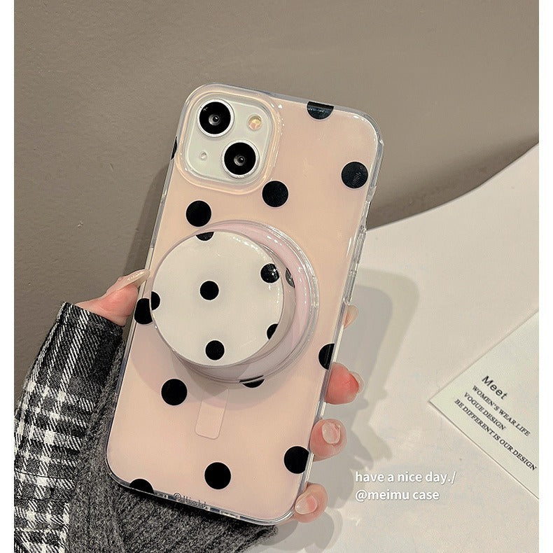 Polka Dot iPhone Case with Magnetic Stand – Korean Style Cover – Single shell for iPhone15promax