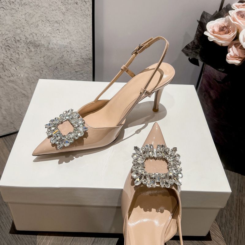 Black 6㎝ rhinestone stiletto sandals pointed toe one-strap heels