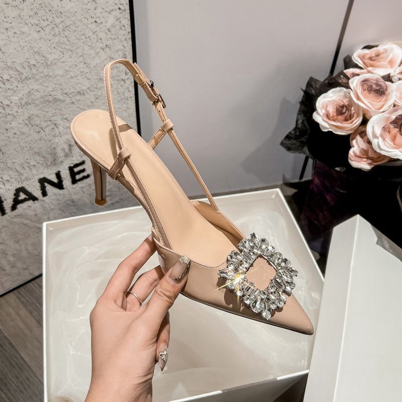 Rhinestone Stiletto Sandals Pointed Toe One-Strap Heels