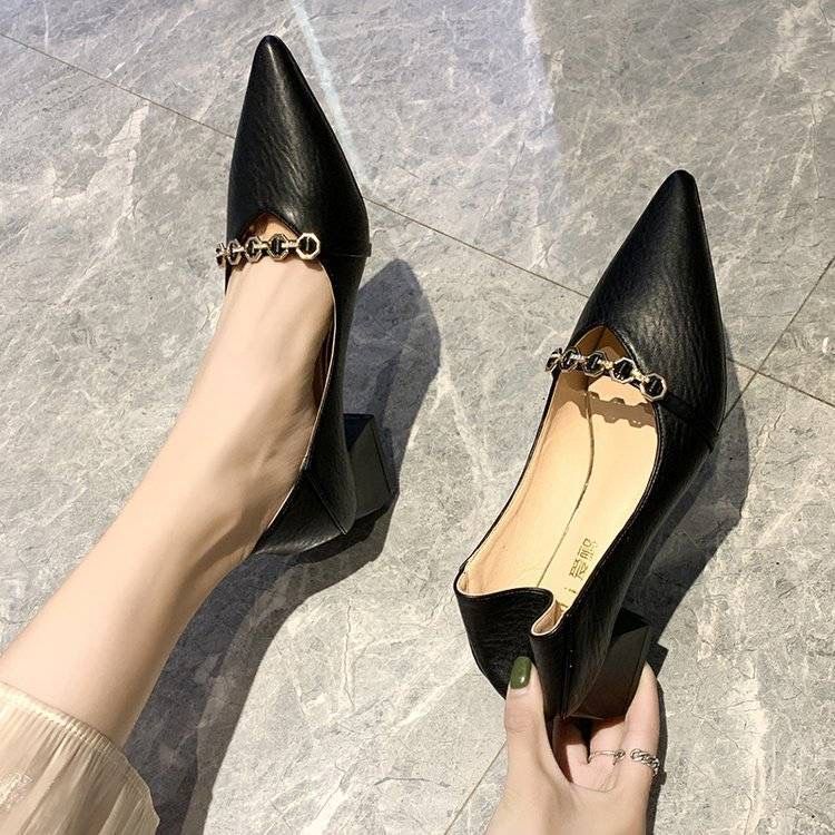 French style pointed toe chunky heel high heels women shoes
