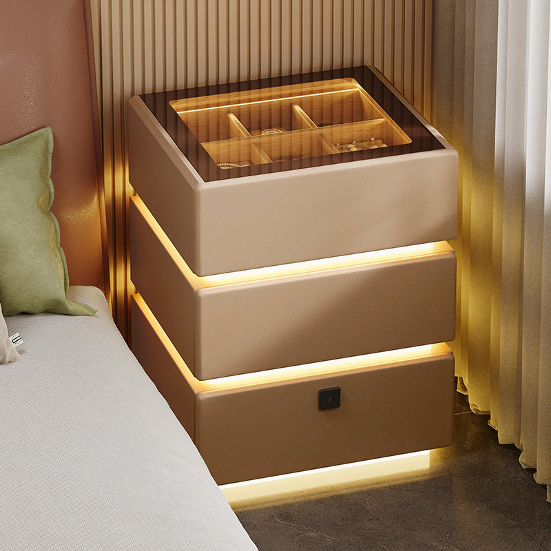 Modern Glass Bedside Table with Lamp Storage — Three-drawn khaki-usb charging sensor light counte
