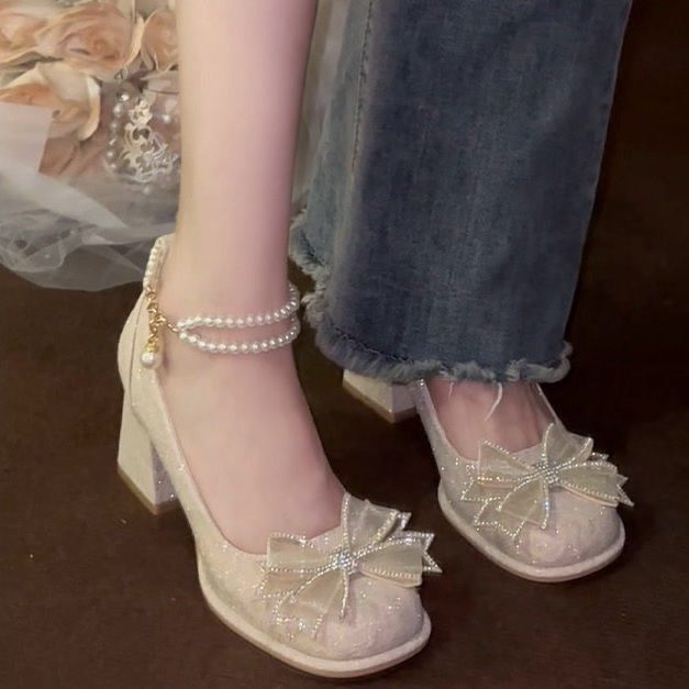 French bow mary jane high heels bridesmaid wedding shoes