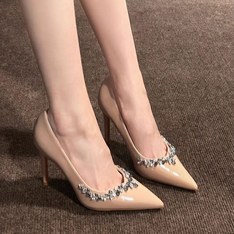 Black 6cm nude rhinestone stiletto heels pointed toe wedding shoes