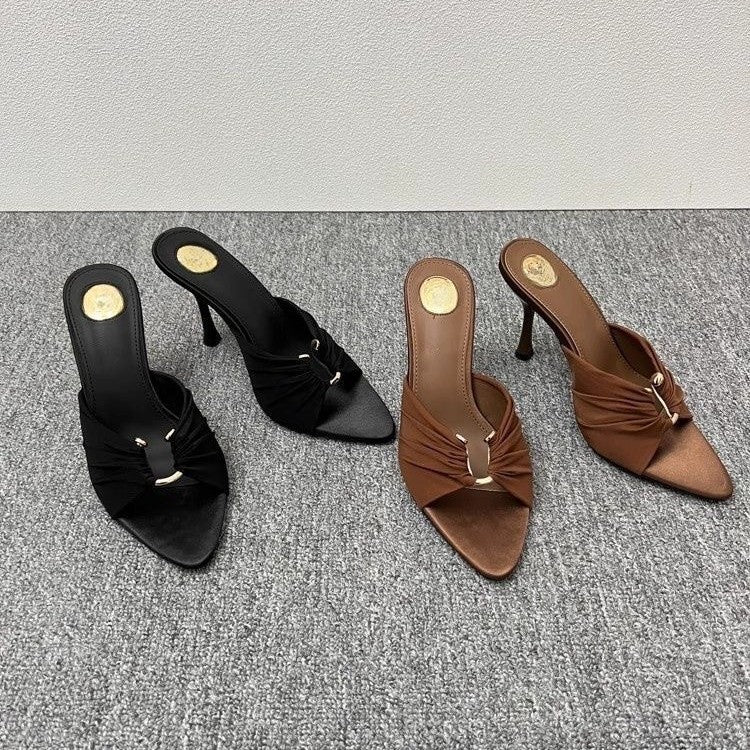 European Style Pleated Buckle Stiletto Sandals Open Toe Heels