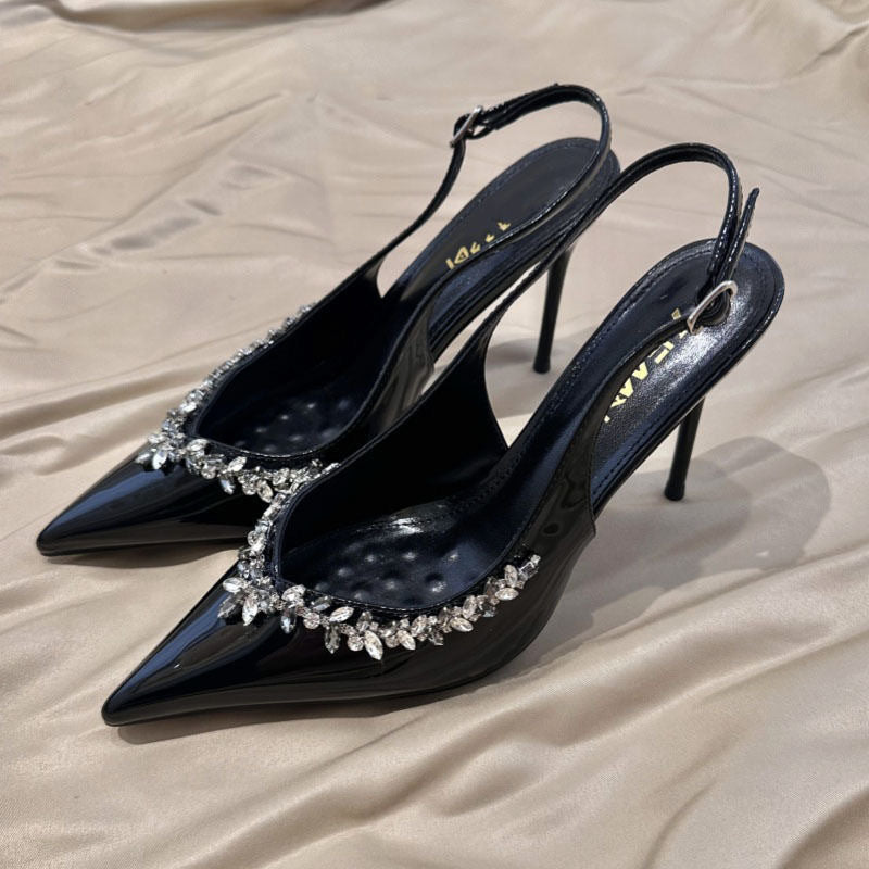 Black 6cm rhinestone patent leather stiletto sandals pointed toe heels