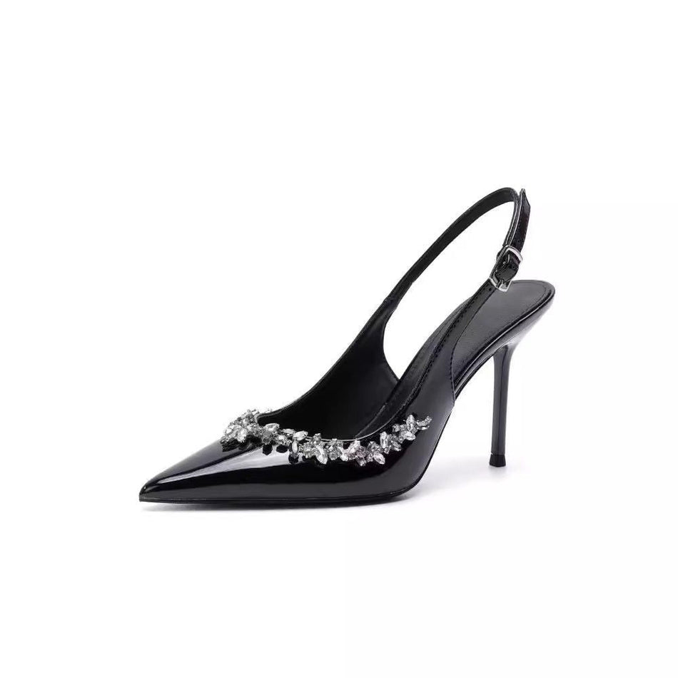 Rhinestone Patent Leather Stiletto Sandals Pointed Toe Heels