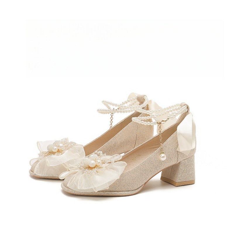Apricot flowers french style bow mary jane wedding shoes soft sole heels
