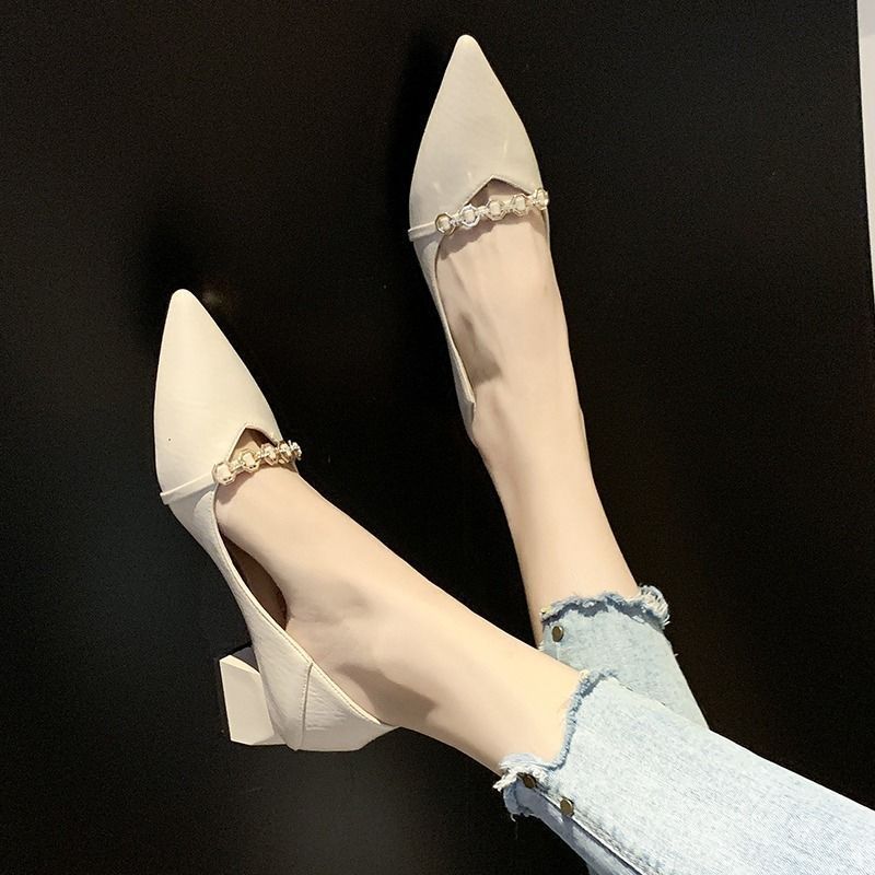 Fairy style pointed toe mid heel chunky women dress shoes