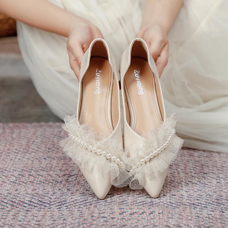 French Style Pearl Pointed Flat Shoes Soft Leather Wedding Flats