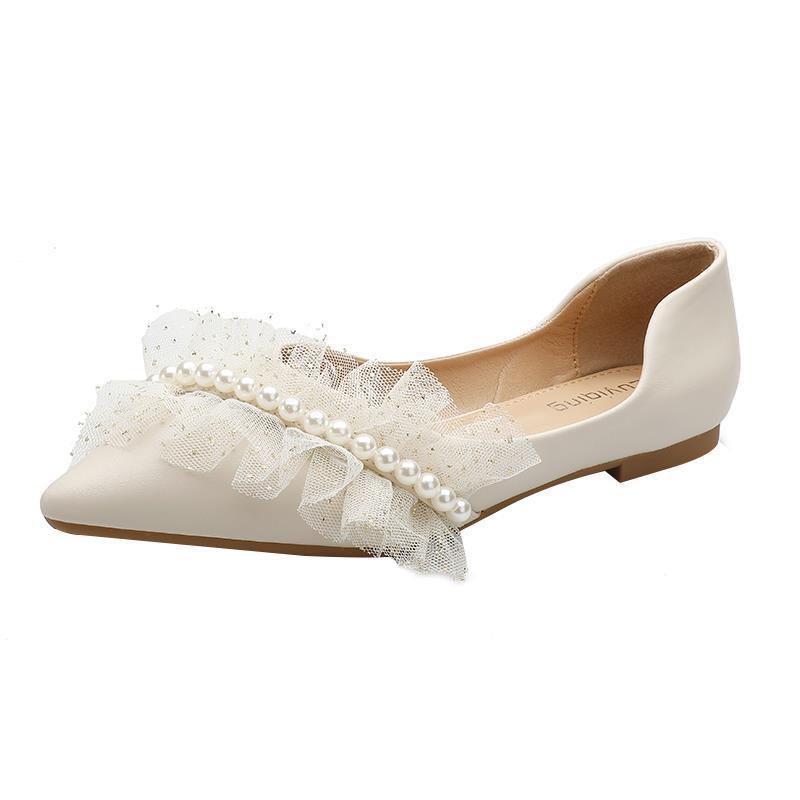 Off-white french style pearl pointed flat shoes soft leather wedding flats