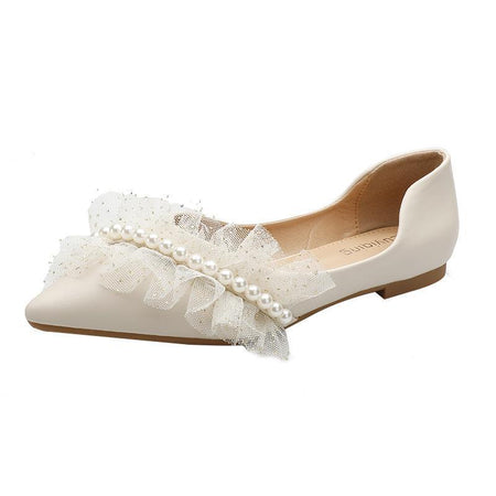 Off-white french style pearl pointed flat shoes soft leather wedding flats