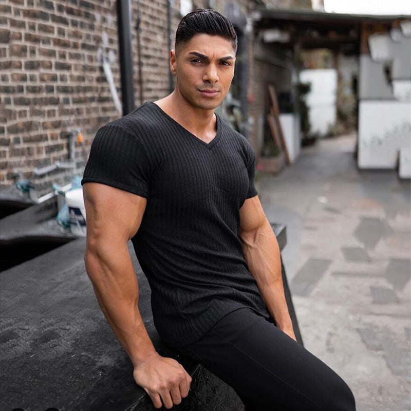 Men's V-Neck Slim Fit Striped Performance Running Shirt