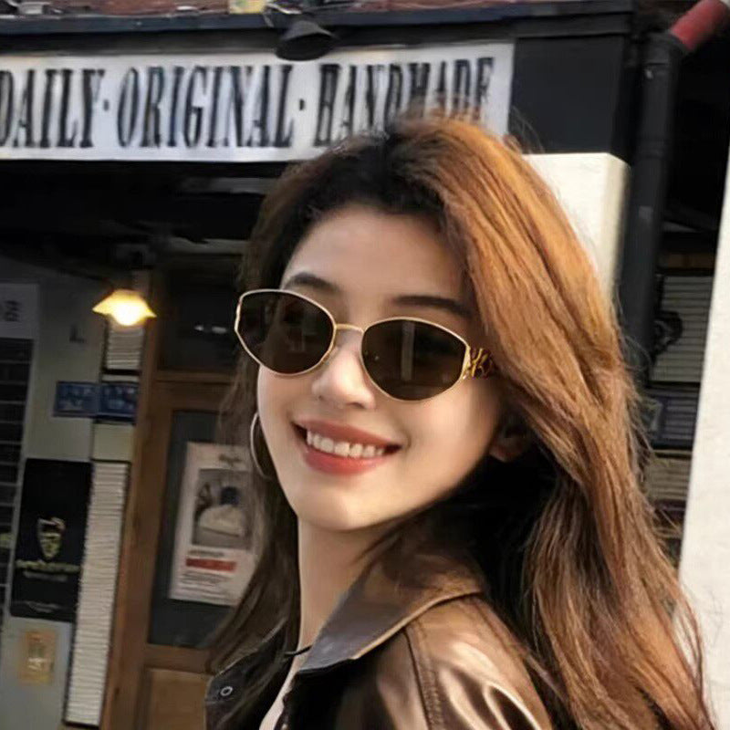 Premium Tea-Colored Cat-Eye Metal Sunglasses for Women UV