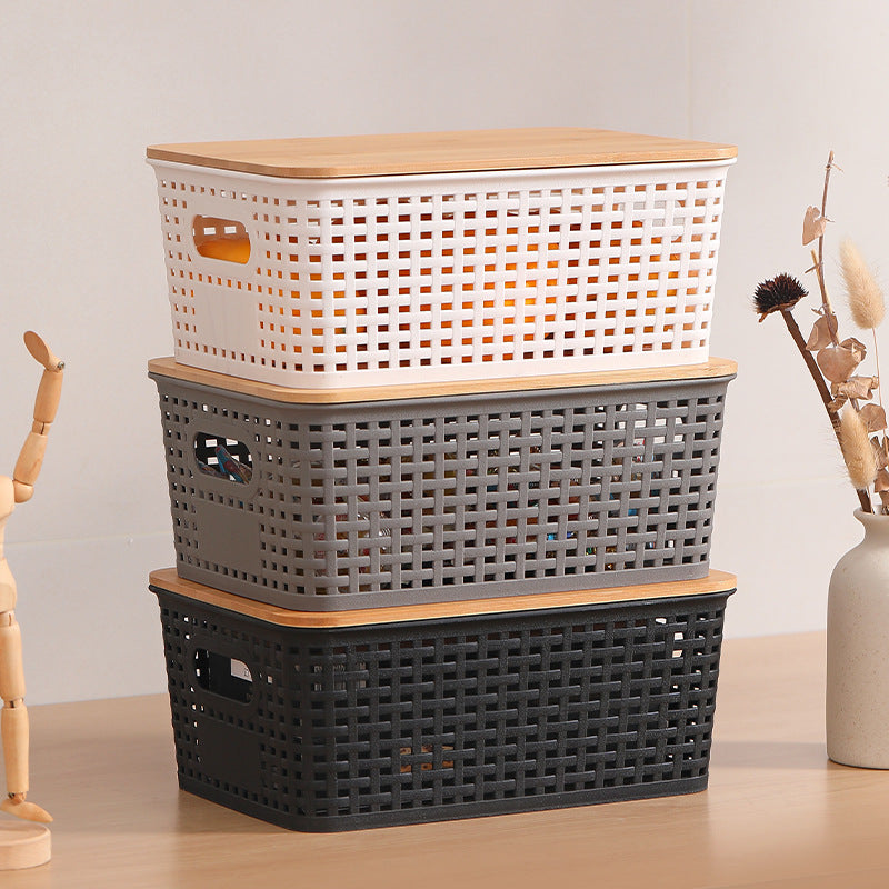 Plastic Woven Storage Basket with Bamboo Lid — black