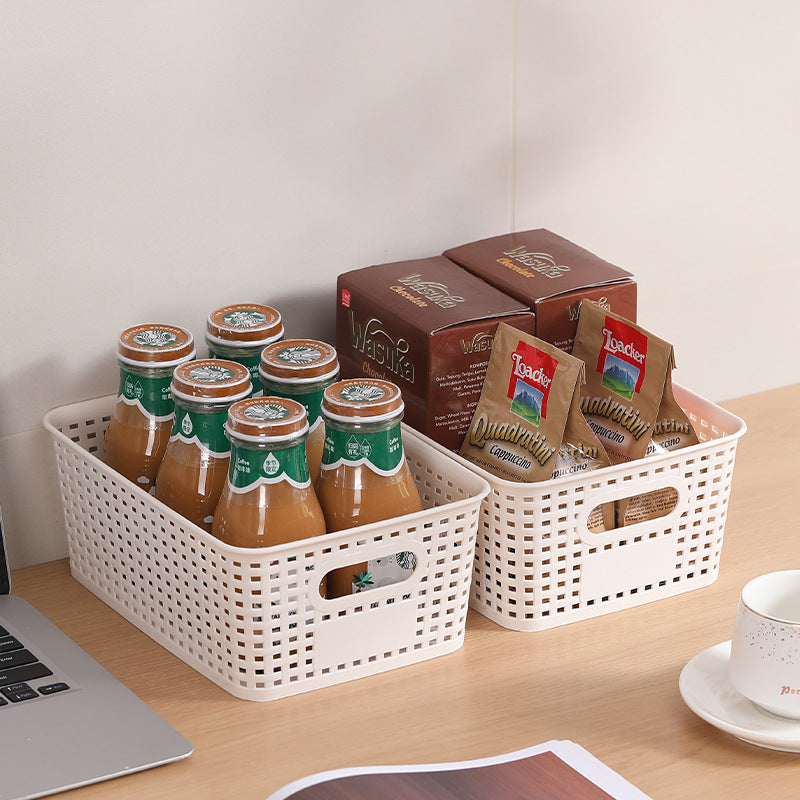 Plastic Woven Storage Basket with Bamboo Lid Stackable Organizer