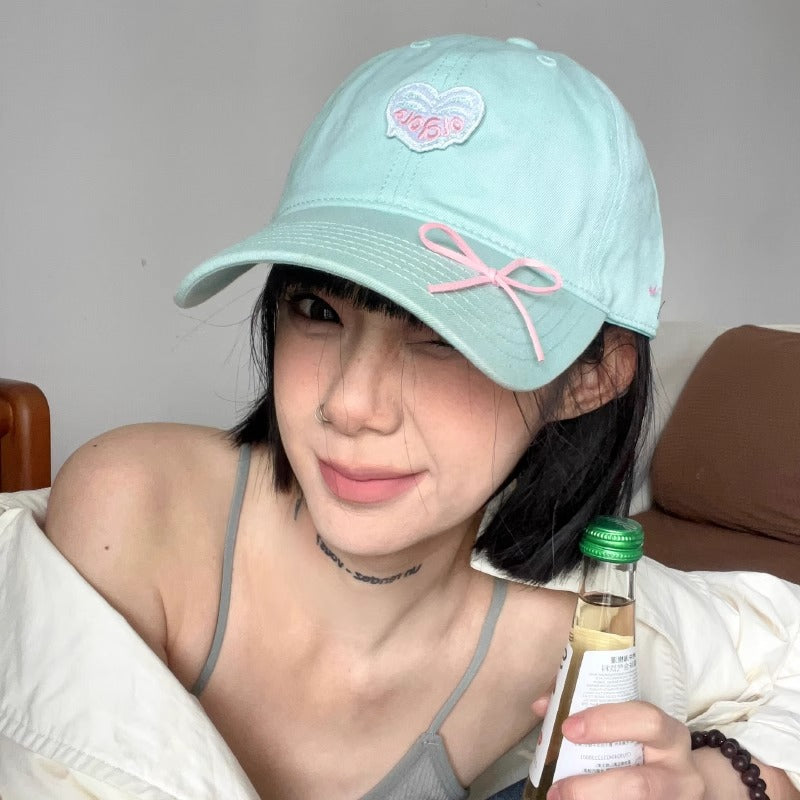 Love Embroidered Bow Baseball Cap Women Mint Green Soft Hat
