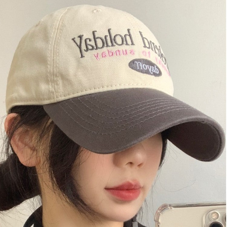 Korean Retro Color Block Baseball Cap Women Wide Brim Soft Hat