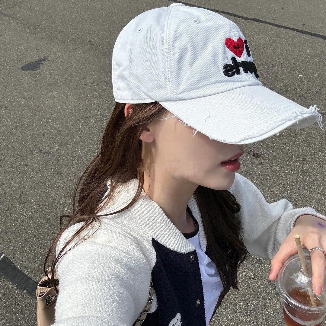 Korean frayed vintage baseball cap heart embroidery duckbill hat
