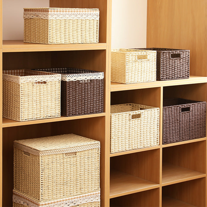 Woven Straw Storage Basket for Snacks, Toys — beige