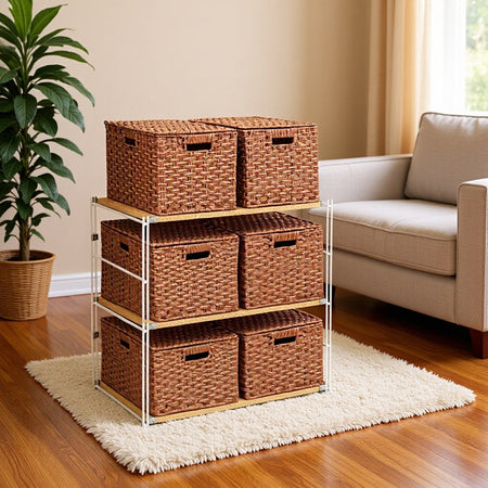 Rattan Style Storage Basket with Lid and — brown
