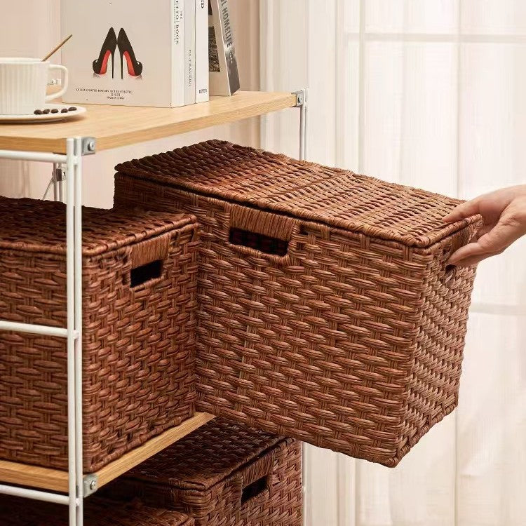 Rattan Style Storage Basket with Lid and Handle Organizer