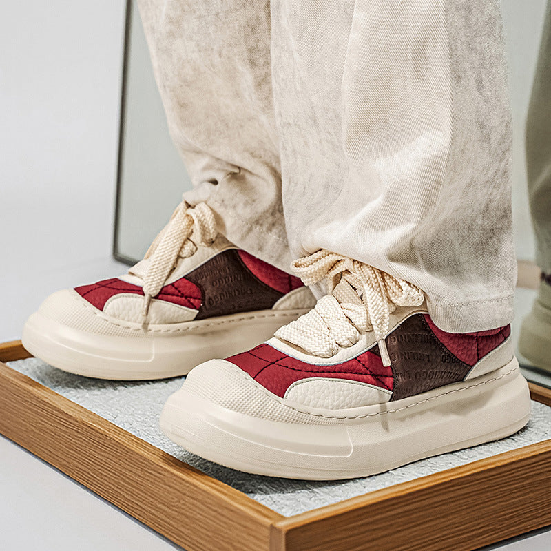 Men’s Leather Thick-Soled Low-Top White Casual Sneakers