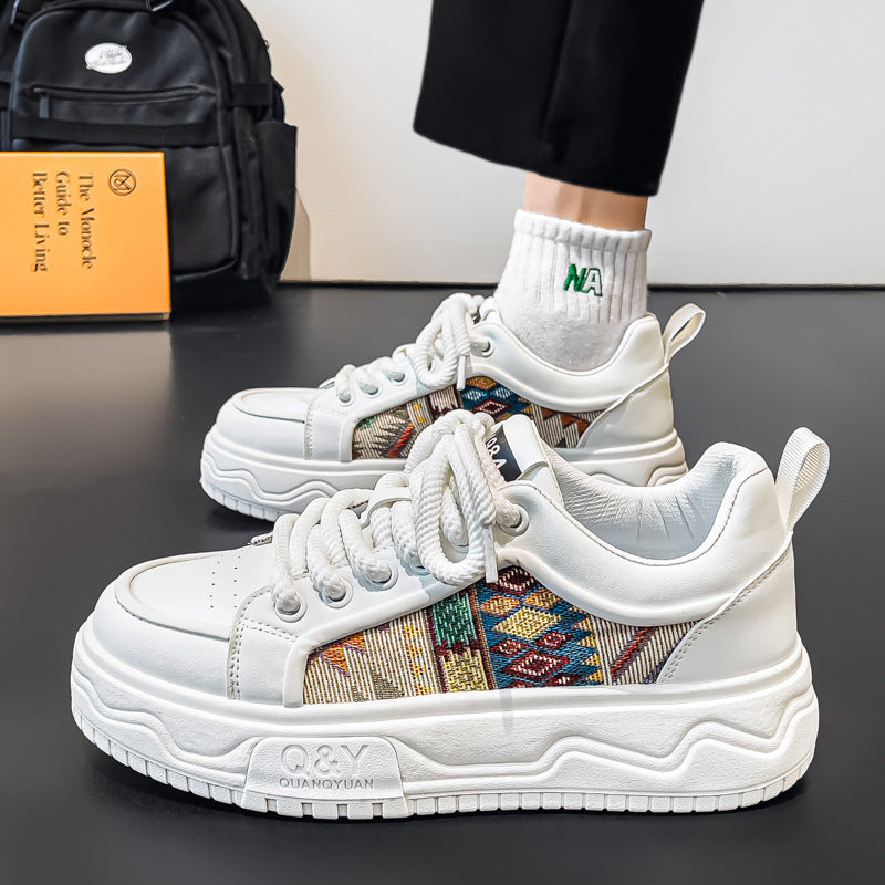 Men’s Thick-Soled White Low-Top Casual Sneakers