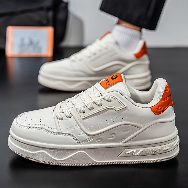 Men’s Korean Style Leather White Sneakers with Thick Sole