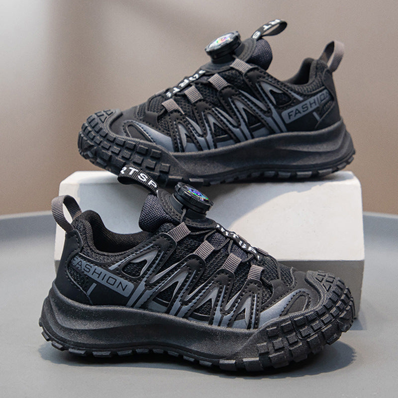 Black kids athletic shoes with lightweight and breathable design for active wear