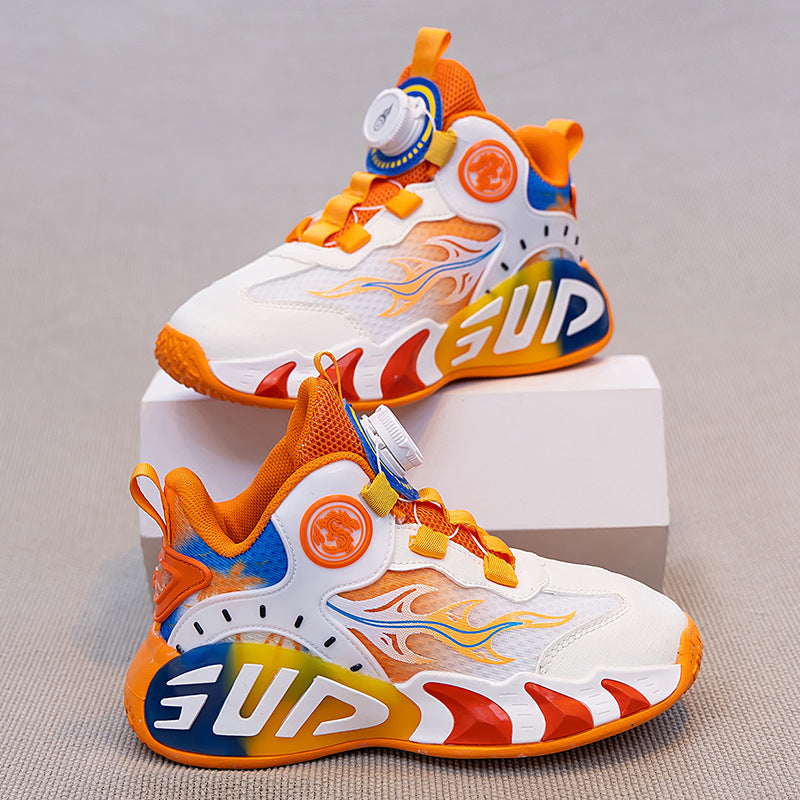 Orange kids athletic shoes with lightweight and breathable design for active wear