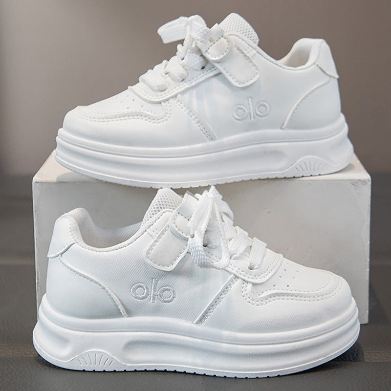 White kids athletic shoes with lightweight and breathable design for active wear