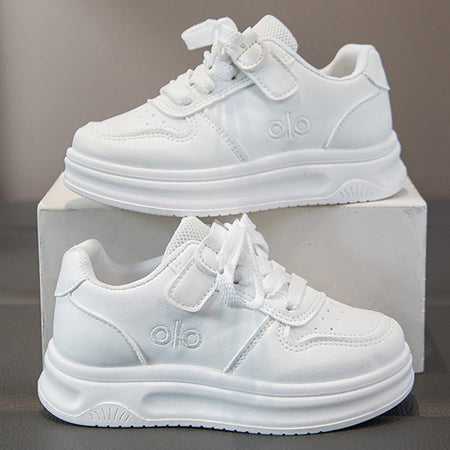 White kids athletic shoes with lightweight and breathable design for active wear