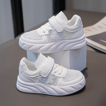 White kids athletic shoes with lightweight and breathable design for active wear