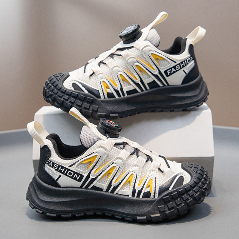 Black kids athletic shoes with lightweight and breathable design for active wear