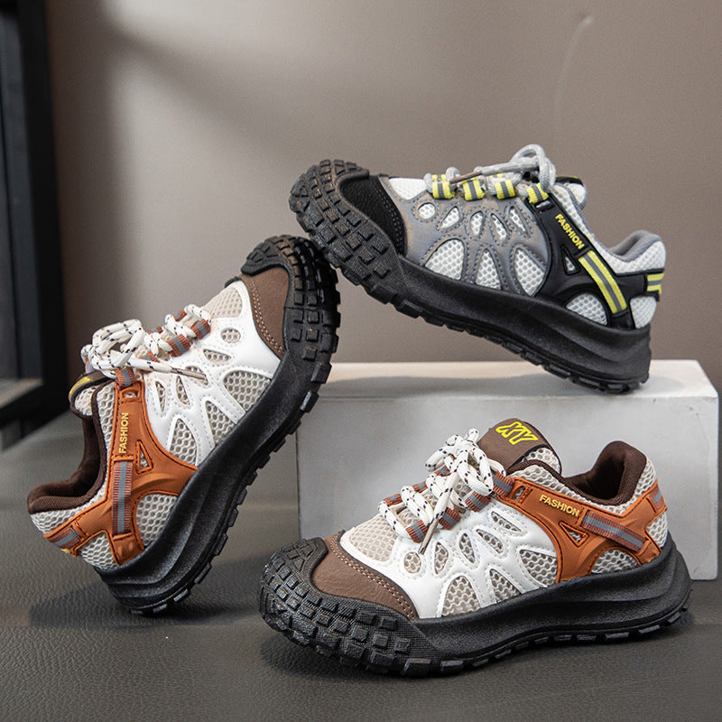 Brown kids athletic shoes with lightweight and breathable design for active wear